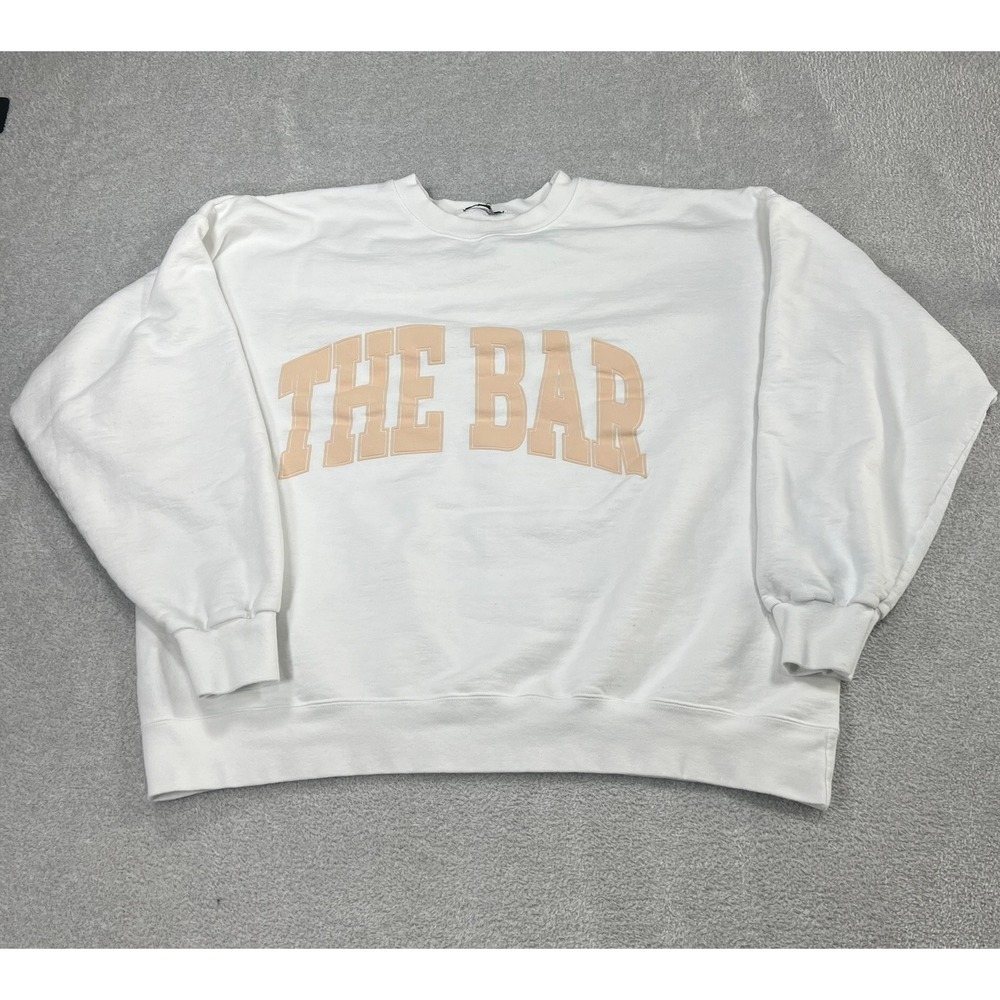 The Bar Womens XL White Oversized Crewneck Sweatshirt Graphic Logo Pullover Prep